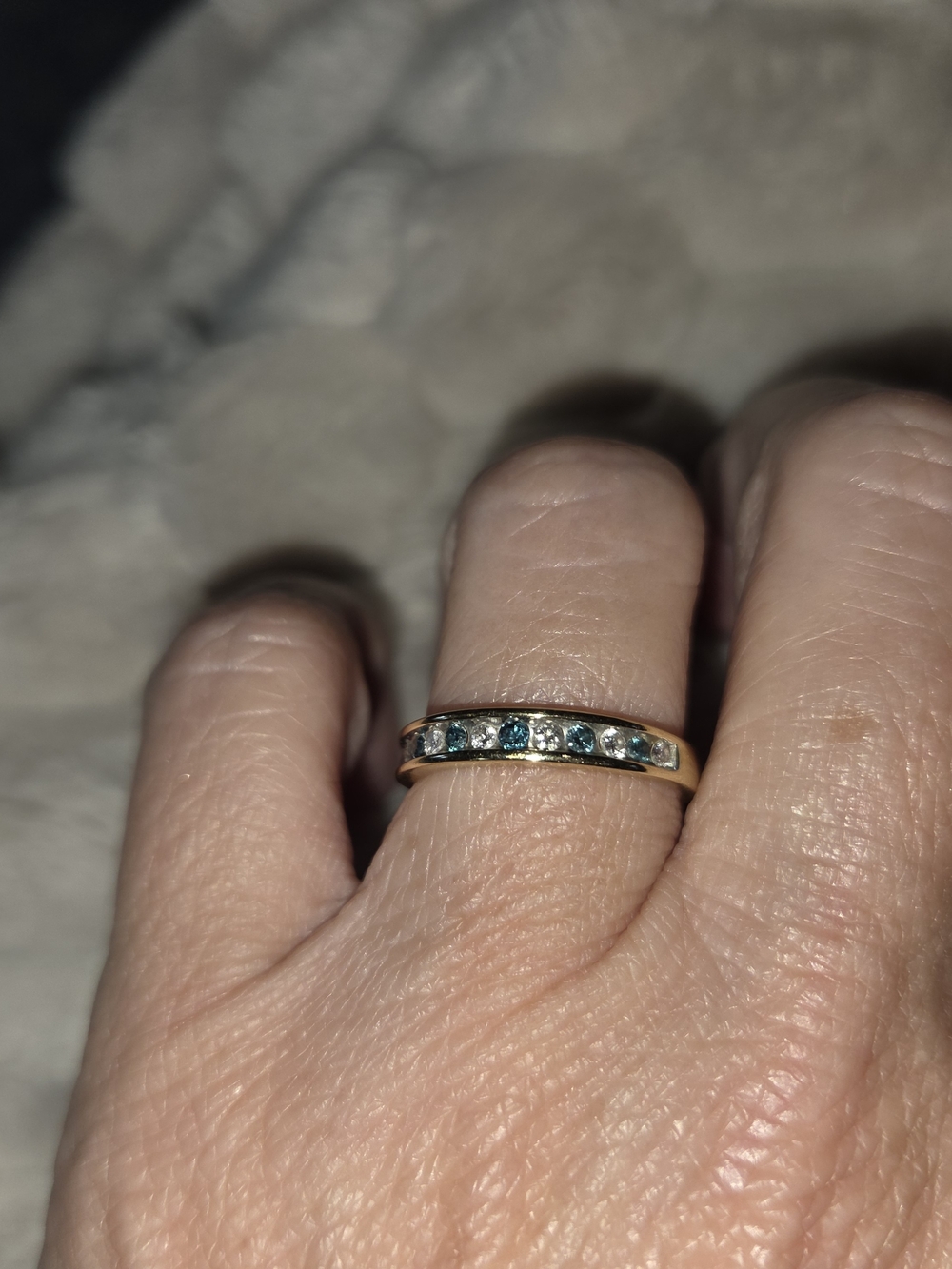 Gold Band Ring with Blue and White Diamonds Channel Set